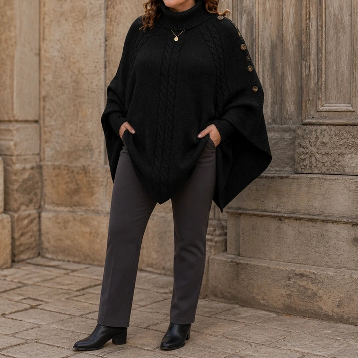 Cabelune – High-Neck Cable-Knit Cape Poncho Sweater