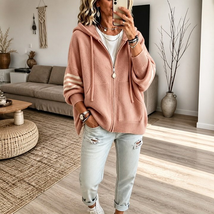 Wearbella – Striped-Sleeve Drop-Shoulder Zip Hoodie