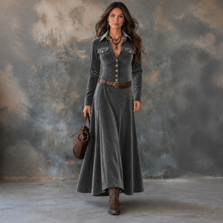 Vena – Button-Front Velvet-Look A-Line Maxi Dress