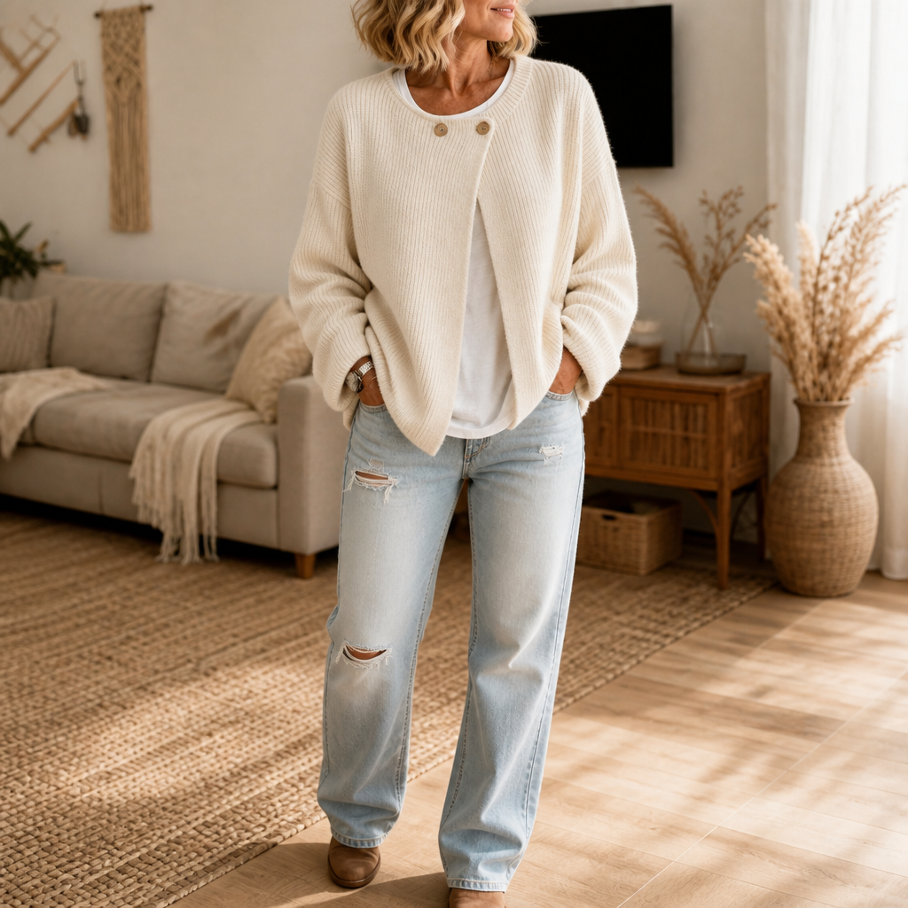 Drape & Rib – Asymmetrical Neck Ribbed Button Cardigan