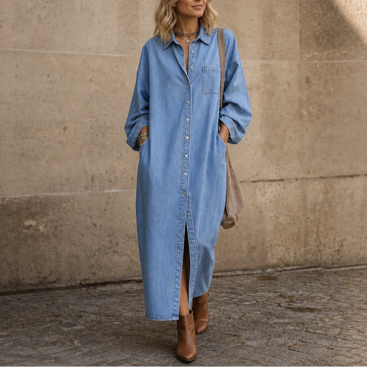 Wearlyn – Oversized Button-Front Denim Look Shirt Dress
