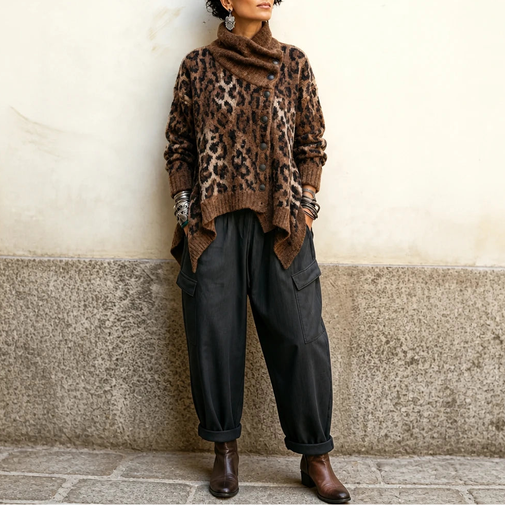 Velora – Asymmetric Draped High-Collar Knit Pullover