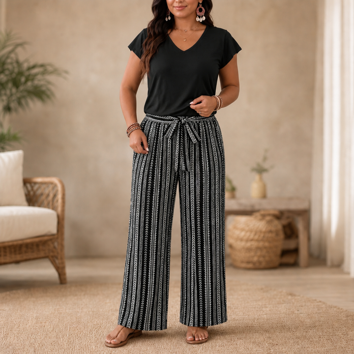 Twovelle – V-Neck Tie-Waist Wide-Leg Two-Piece Set