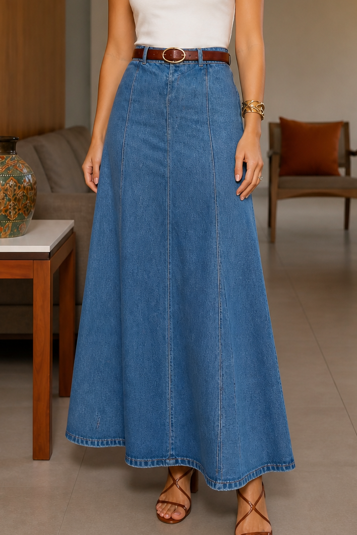 Wearbella – High-Waist A-Line Denim Maxi Skirt