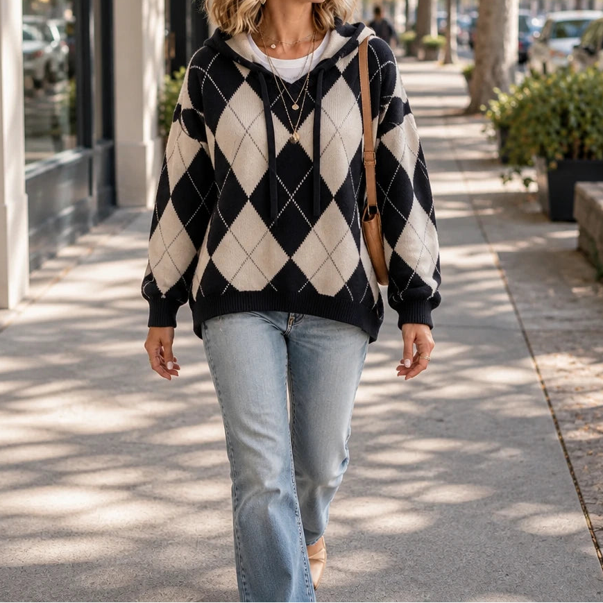 Argylea – Argyle Hooded Knit Sweater