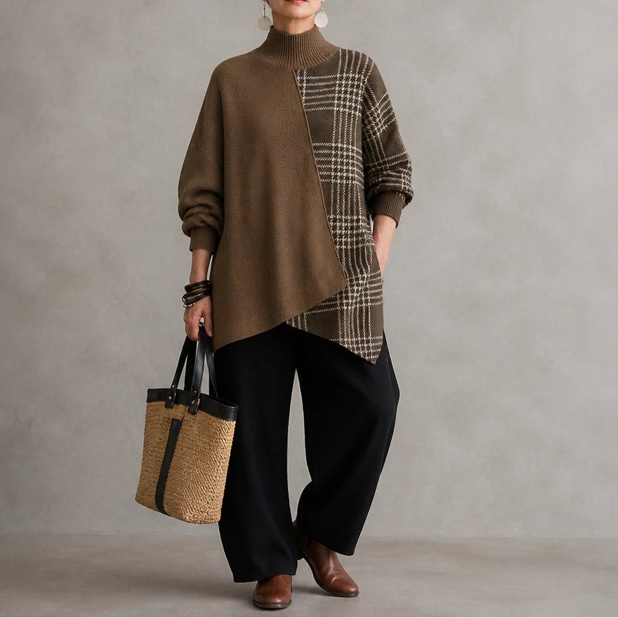 Plaidelle – Asymmetrical Plaid Panel Knit Sweater