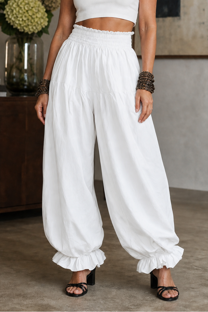 Wearbella – Smocked Waist Ruffled Hem Wide Leg Pants
