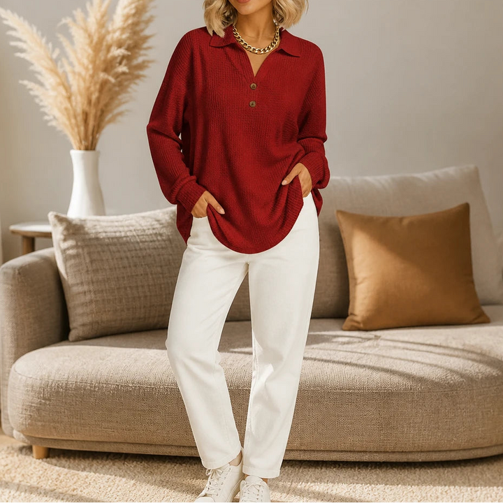 Autumnelle – Waffle-Textured Long-Sleeve V-Neck Blouse