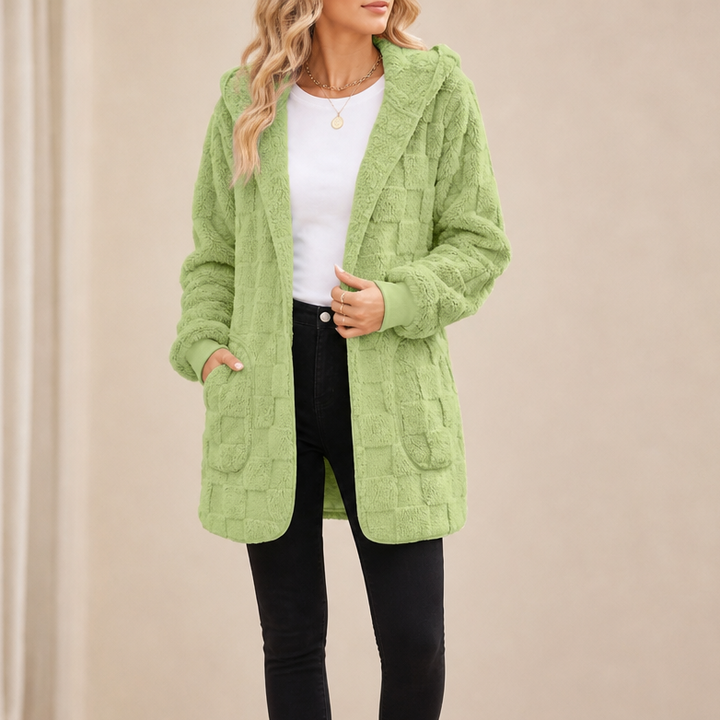 Checkora – Fluffy Checked Open-Front Cardigan