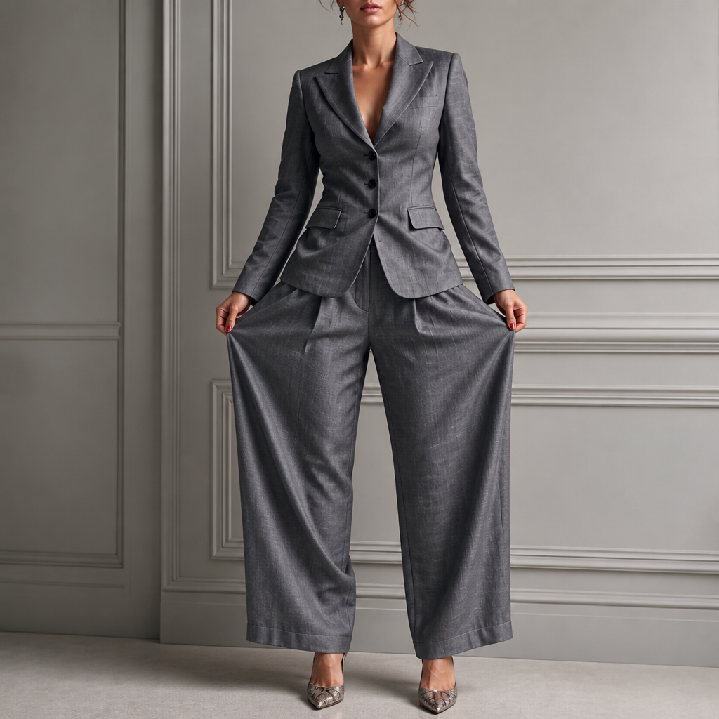 Linelle – Pleated High-Waist Wide-Leg Blazer Suit Set