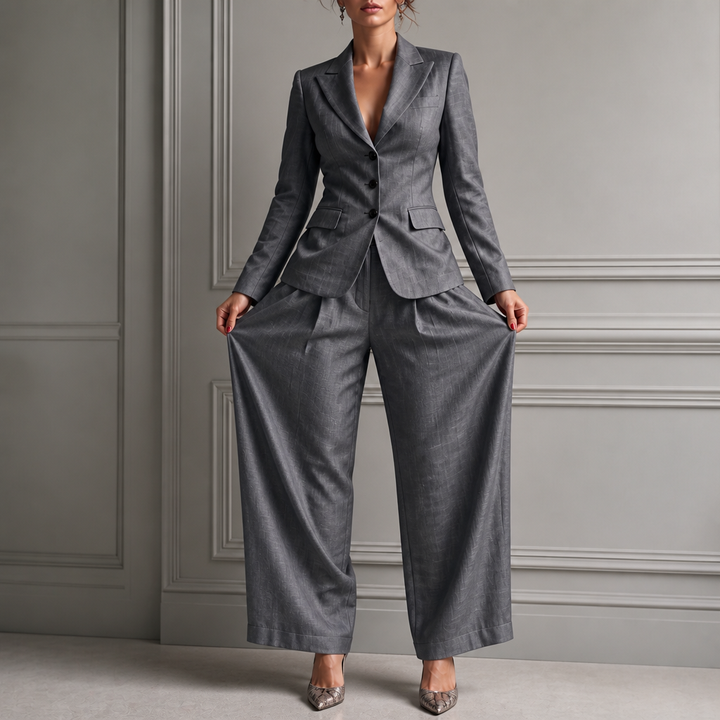 Linelle – Pleated High-Waist Wide-Leg Blazer Suit Set