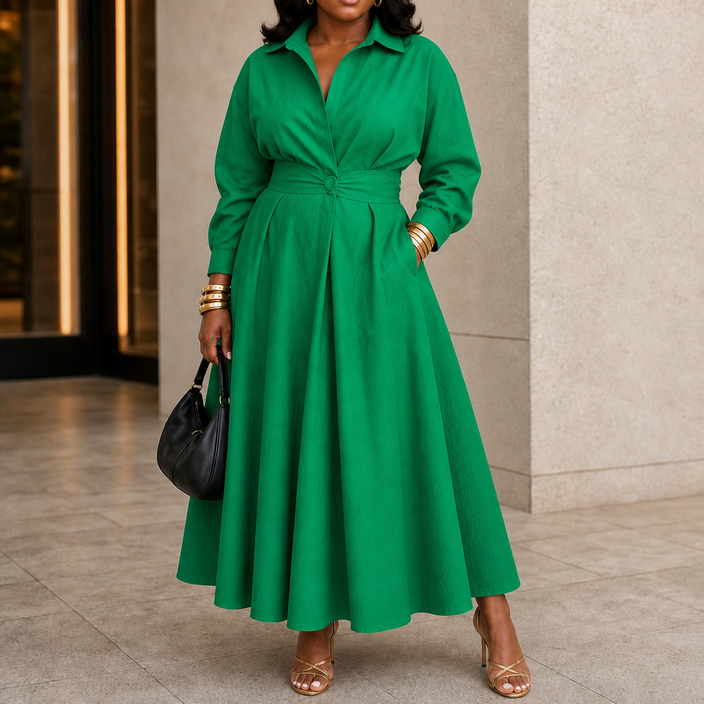 Everly Midi – Belted Long-Sleeve Collared Midi Dress