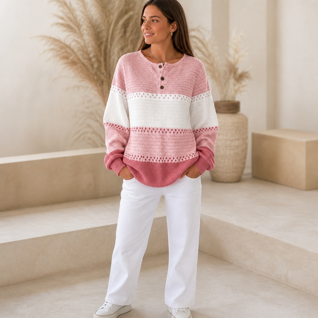 Waffleton – Layered Color-Block Waffle-Knit Henley Sweater