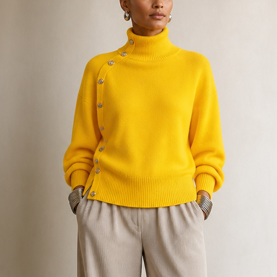 Asymvia – Asymmetric Gold-Tone Button Mock Neck Sweater
