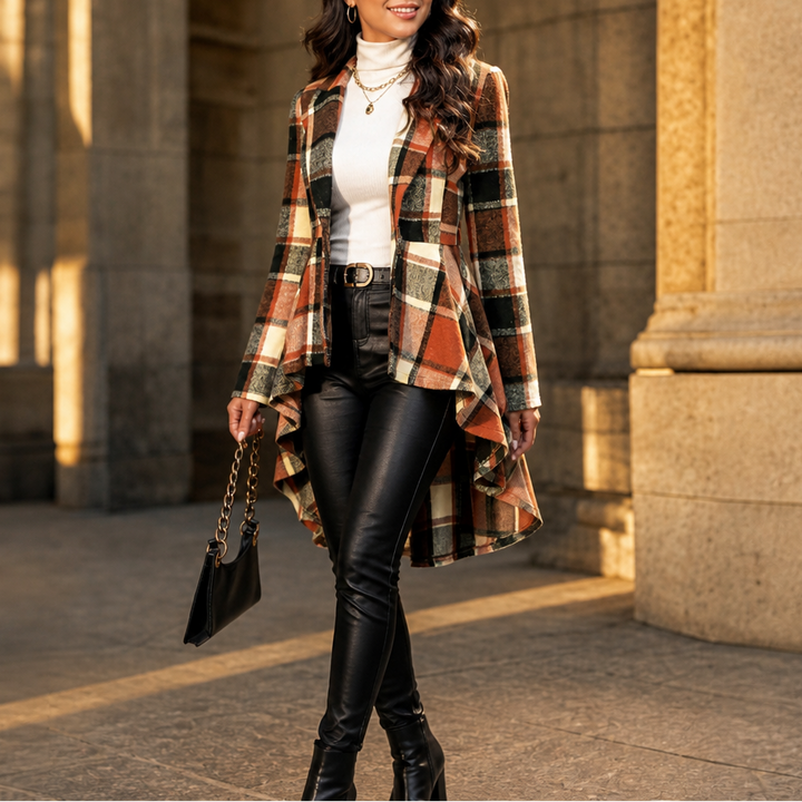 Wearbella – Cinched-Waist High-Low Plaid Peplum Coat