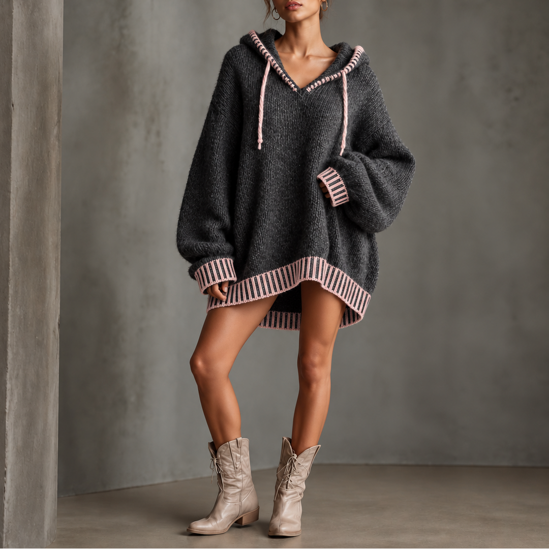 Cowlane – Contrast-Trim Hooded Sweater Dress