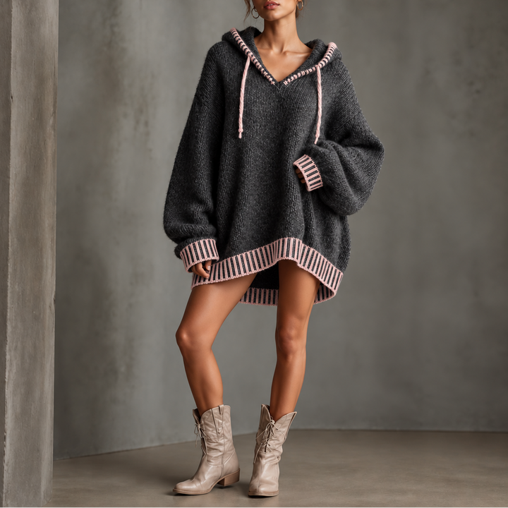 Cowlane – Contrast-Trim Hooded Sweater Dress