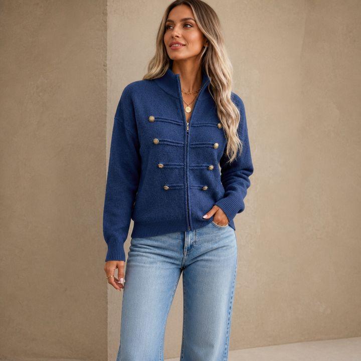 Mayfield – Gold Button Military-Style Knit Cardigan