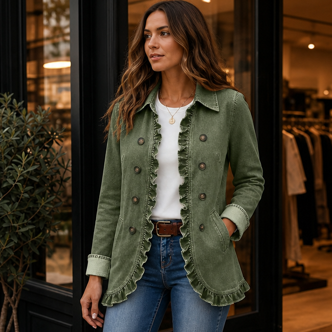 Ruffle & Row – Ruffle-Trim Button-Front Denim-Look Jacket
