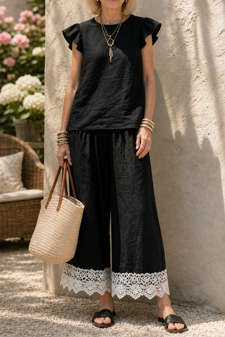 Linenza – Crochet-Hem Ruffle-Sleeve Two-Piece Set