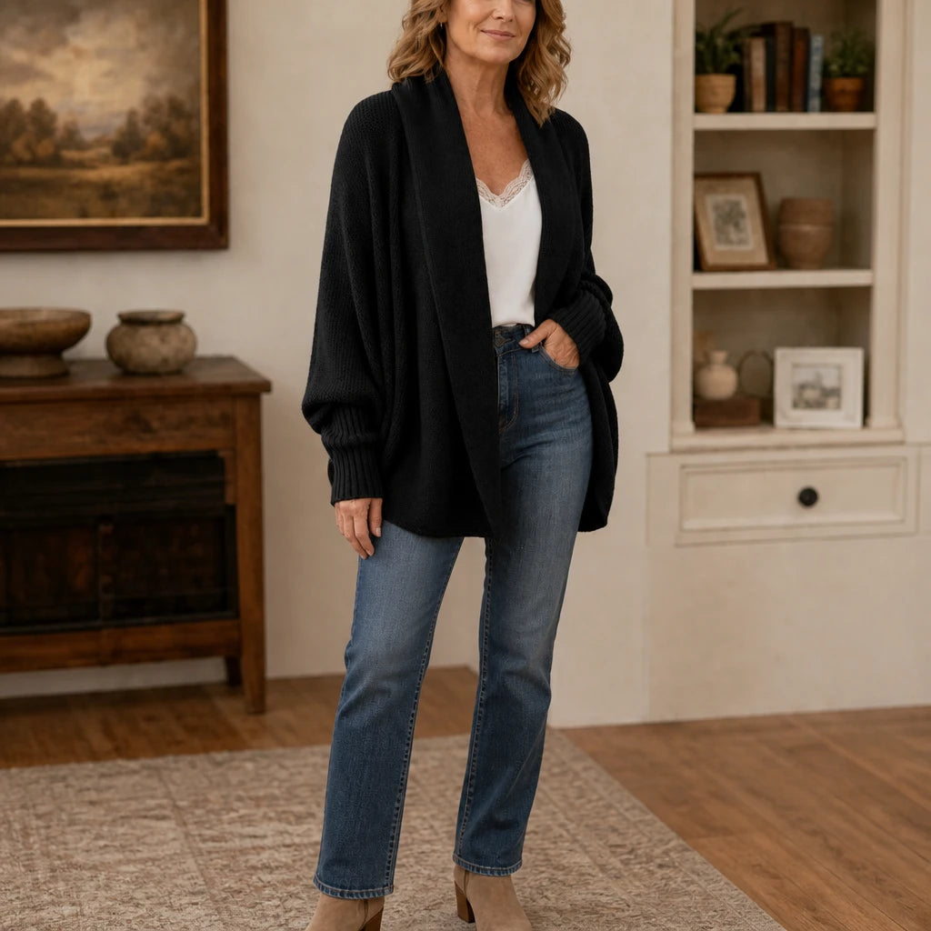 Drapeelle – Crochet-Look Open-Front Batwing Cardigan