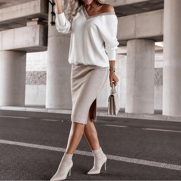 Velaform – Ribbed V-Neck Long-Sleeve Top And Skirt Set