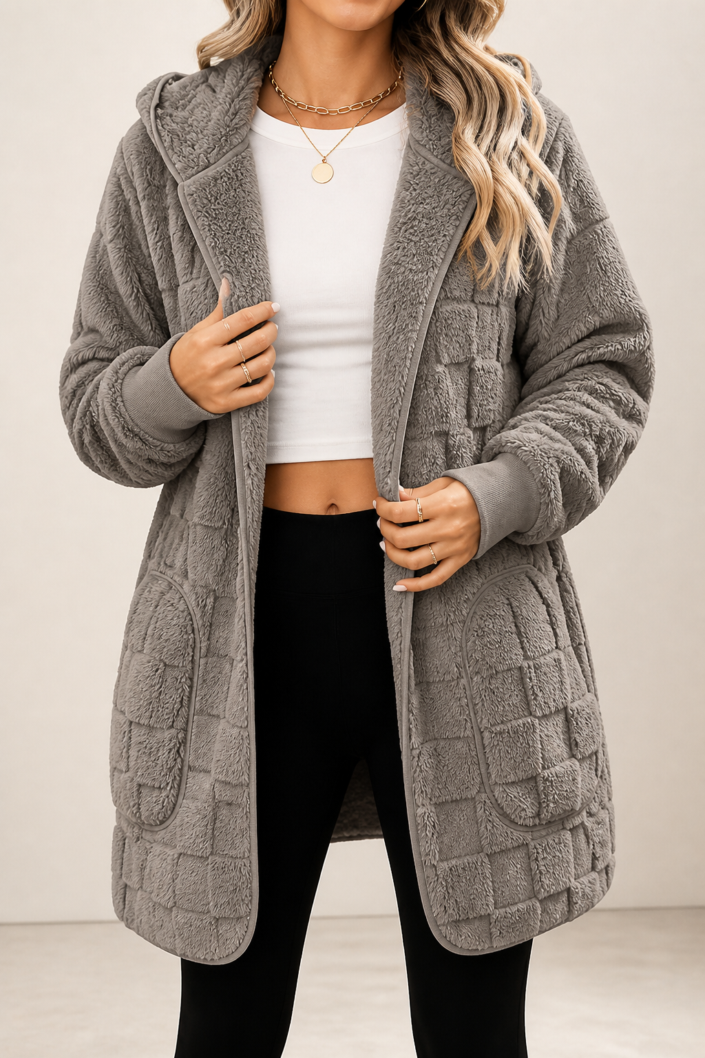 Plushden – Checkered Fuzzy Open-Front Cardigan