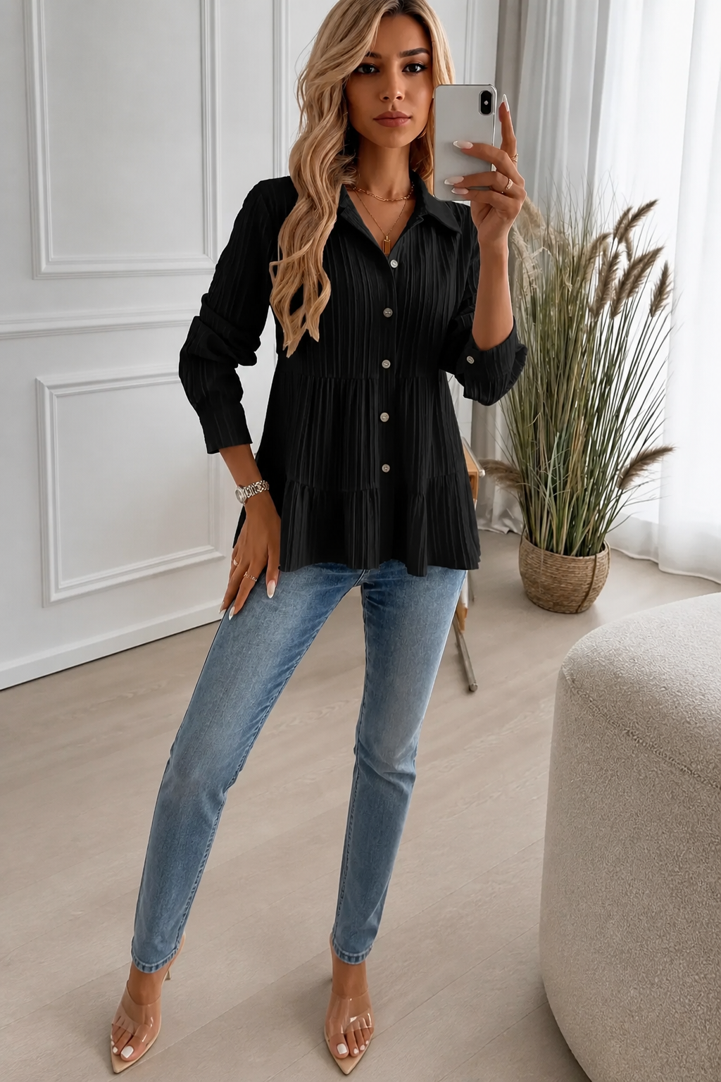 Fallwell – Crinkle Tiered Long Sleeve Tunic Top