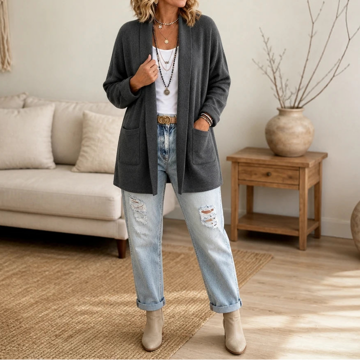 Cozyelle – Shawl-Collar Knit Open-Front Cardigan