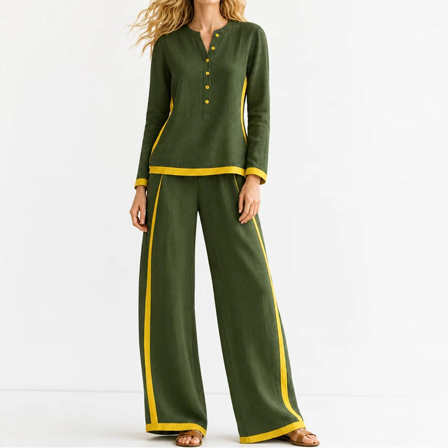 Modaform – Color-Block Long-Sleeve Top And Wide-Leg Pants Set