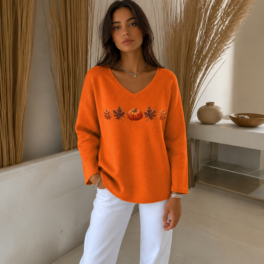 Pumpkin Lane – Pumpkin Print V-Neck Long-Sleeved Shirt
