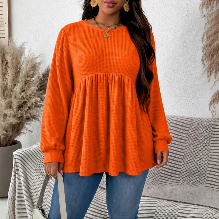 Cozyelle – Gathered Empire-Waist Waffle-Knit Top