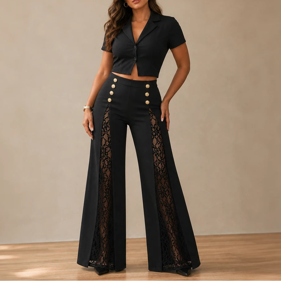 Wearbella – Floral Lace Panel High-Waisted Wide-Leg Trousers