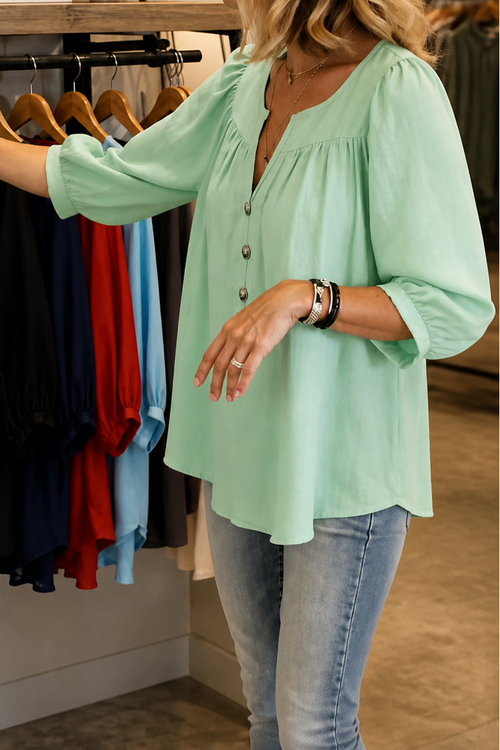 Wearbella – Gathered V-Neck Puff Sleeve Blouse