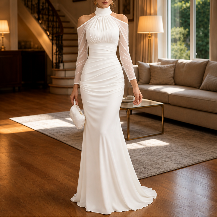 Elara – Cold-Shoulder Ruched Mermaid Evening Gown