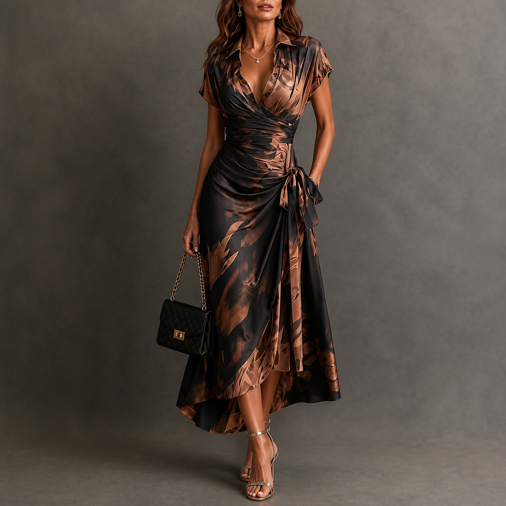 Vellora – Abstract Print Wrap Midi Dress
