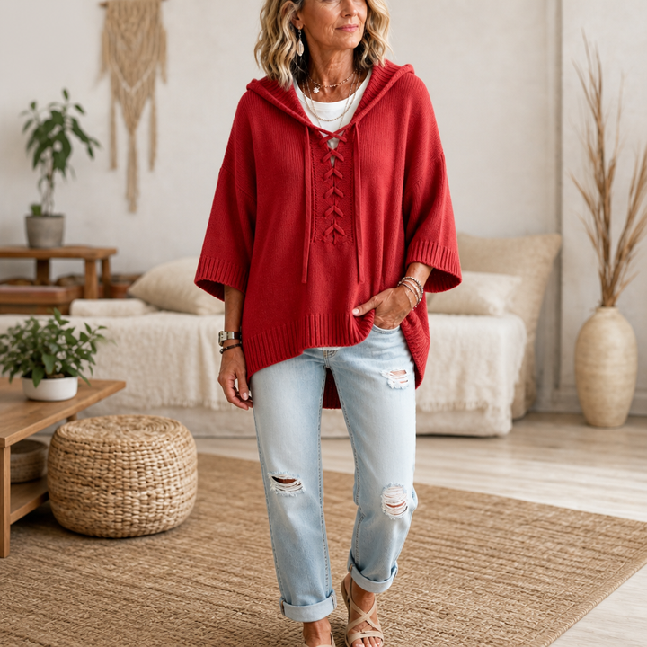 Lunarknit – Lace-Up Deep V Hooded Knit Pullover
