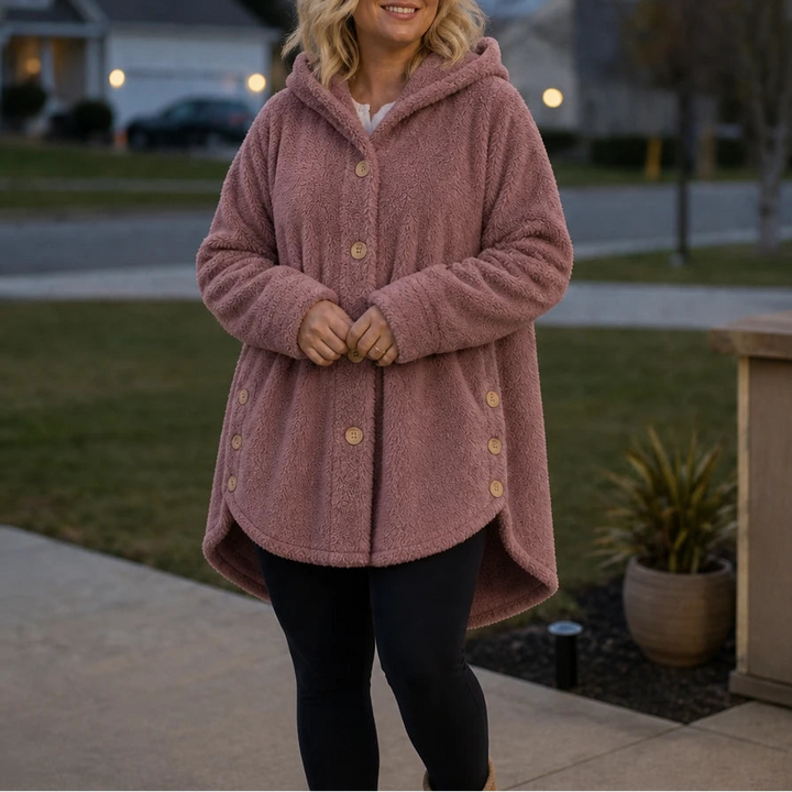 Cozy Button – Asymmetrical Hem Hooded Fleece Coat