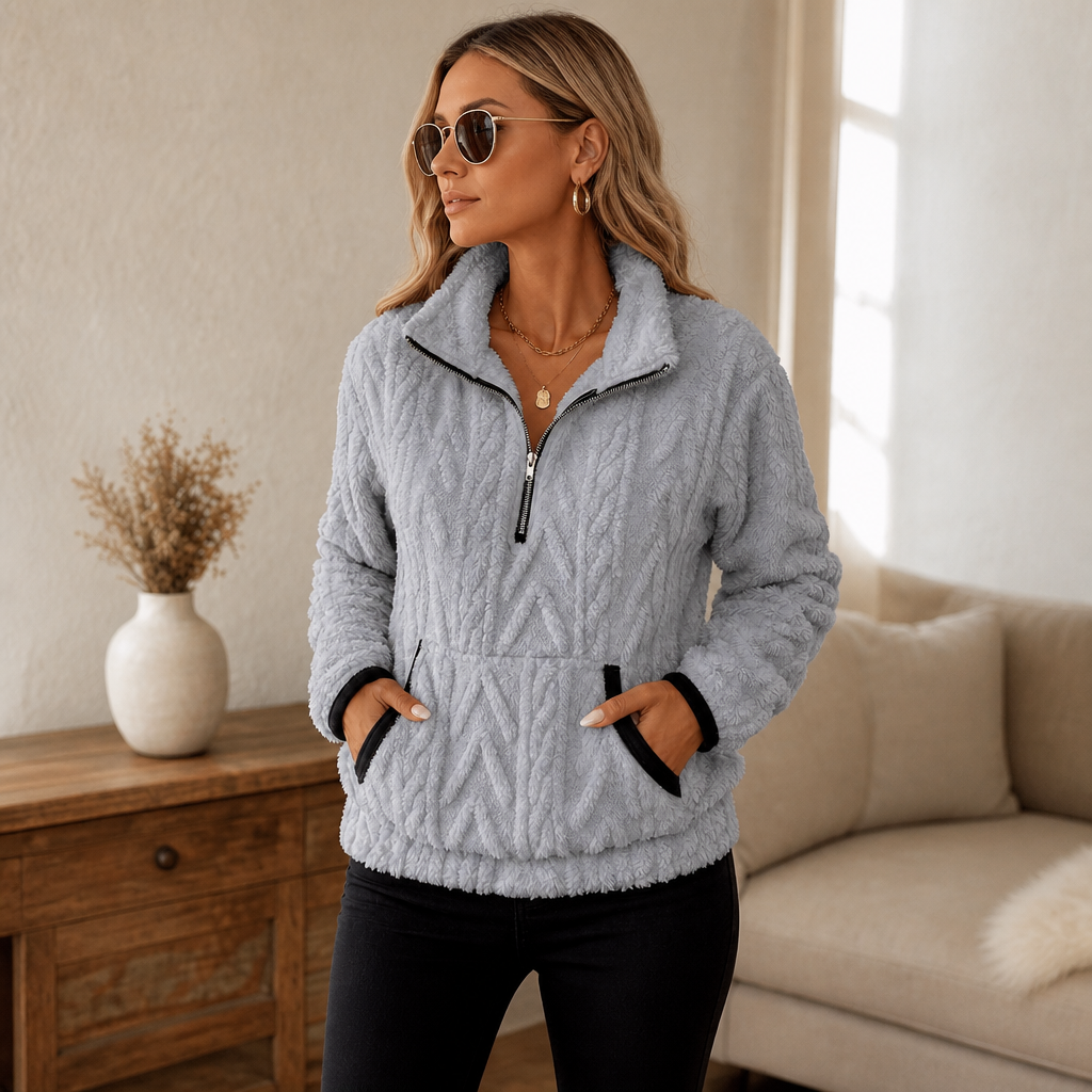 Cloudessa – Half-Zip Fuzzy Pullover With Kangaroo Pocket