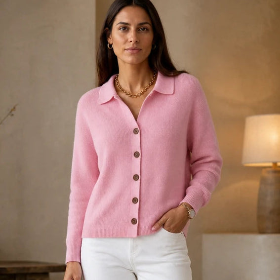 Wearbella – Contrast-Button Turn-Back Collar Knit Cardigan