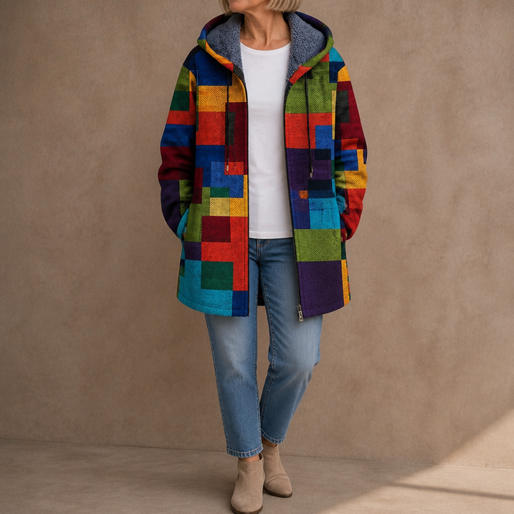 Patchwork Muse – Colorful Patchwork Hooded Cardigan