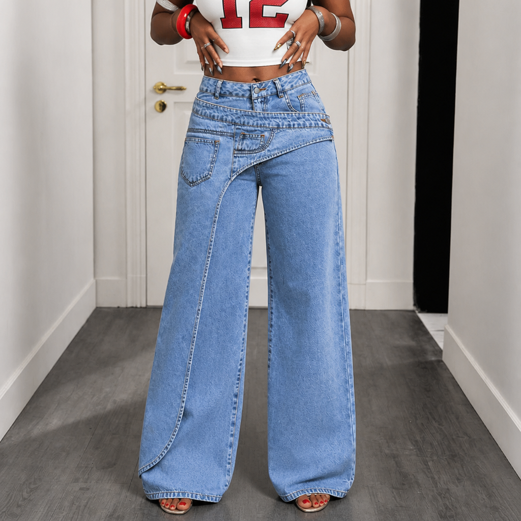 Overlaya – Asymmetric Overlap Waist Wide-Leg Jeans
