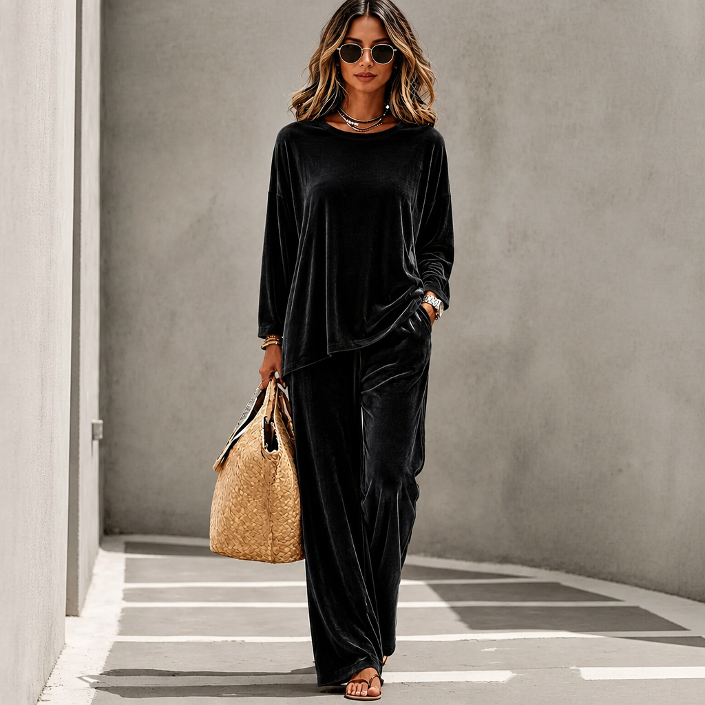 Velvenne – Wide-Leg Velvet-Look Top And Trouser Set