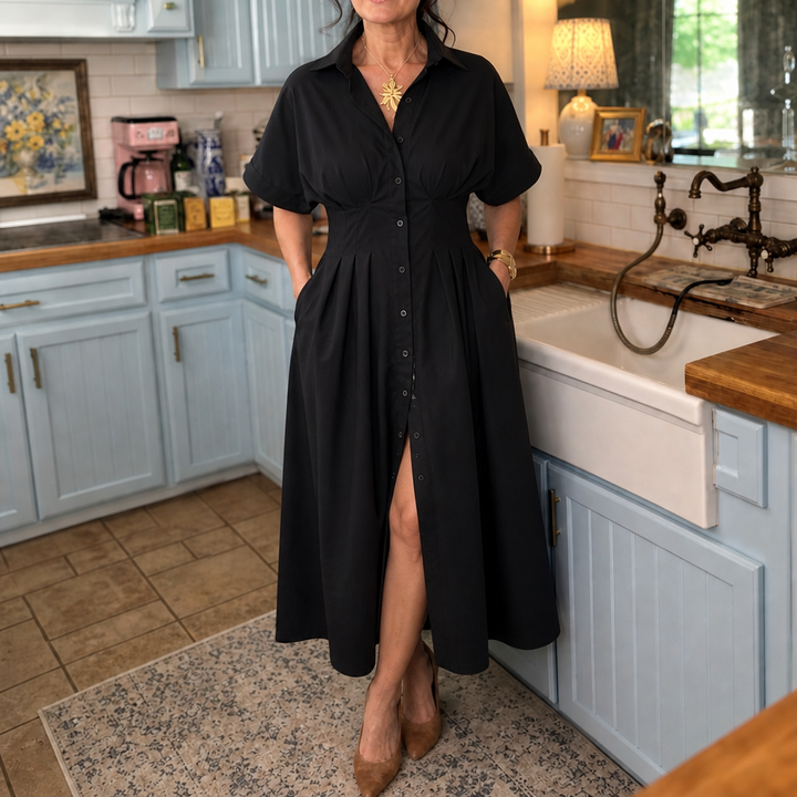 Solmara – Pleated Waist Button-Front Maxi Shirt Dress