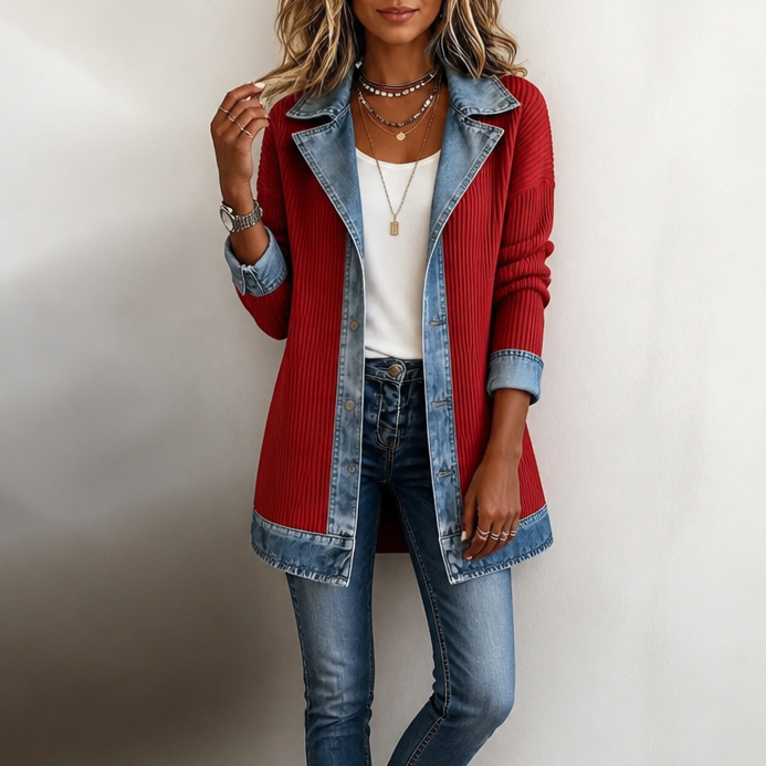Ribova – Ribbed Knit Coat With Denim Panels