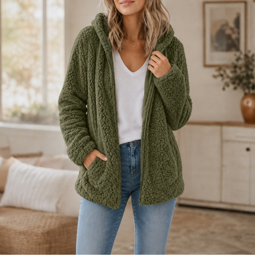 Cozelia – Fuzzy Hooded Zip-Up Fleece Jacket