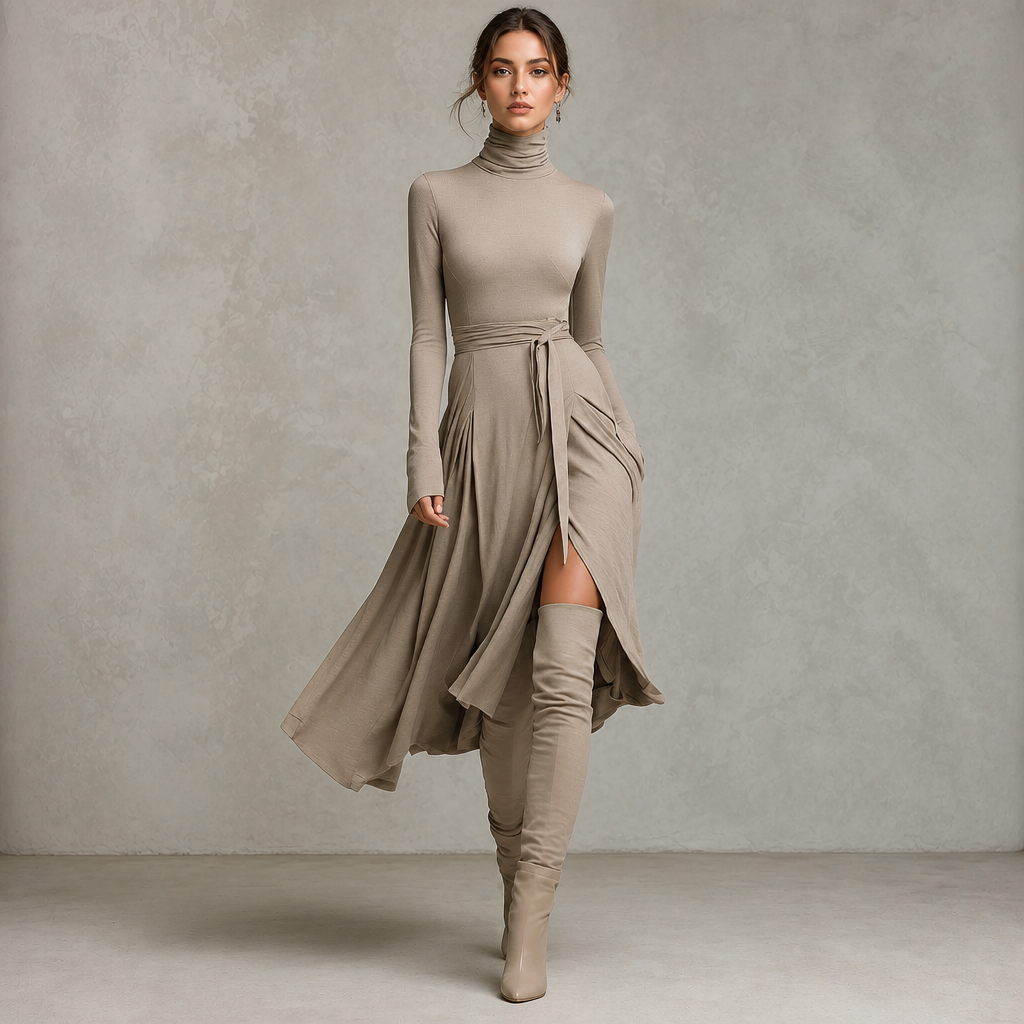 Wearbella – Turtleneck Ribbed Knit Slit Midi Dress