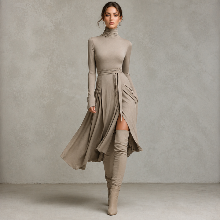 Wearbella – Turtleneck Ribbed Knit Slit Midi Dress