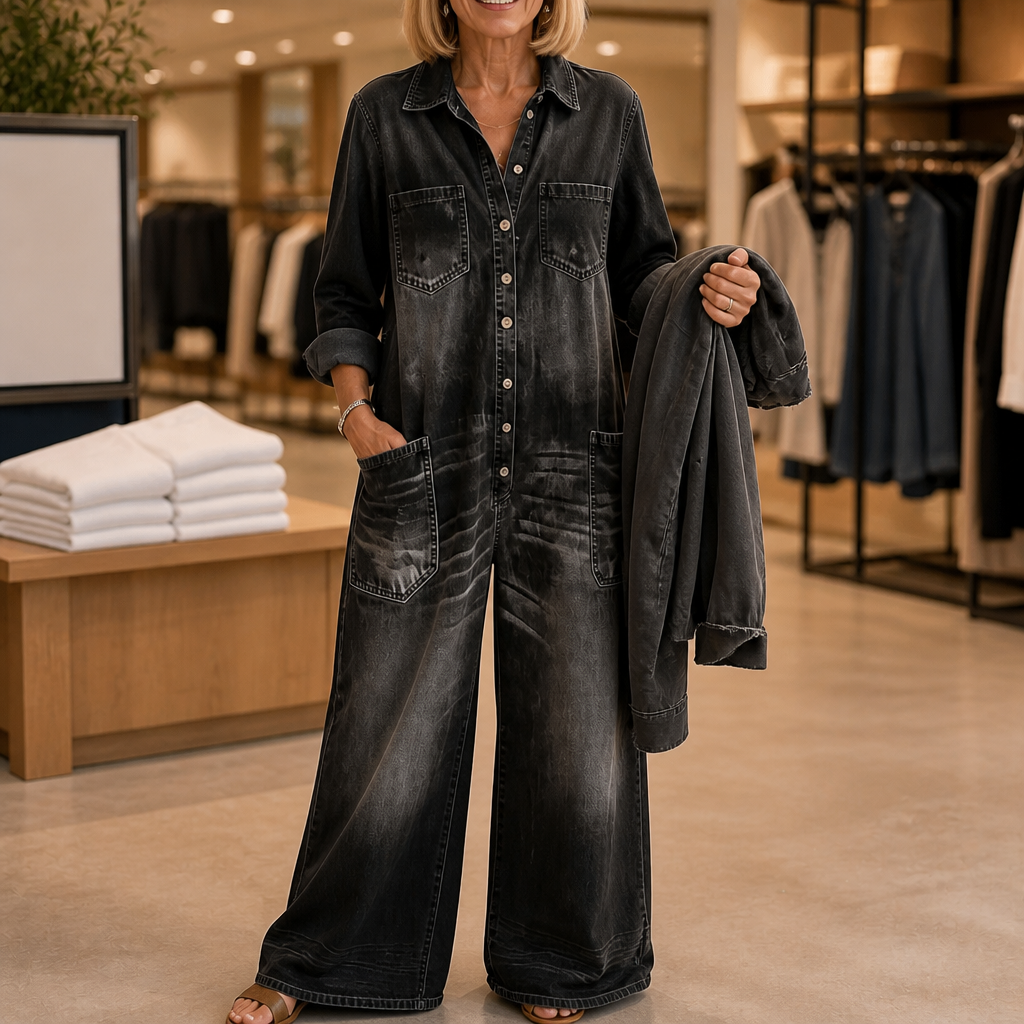 Everleigh – Wide-Leg Button-Front Denim Jumpsuit