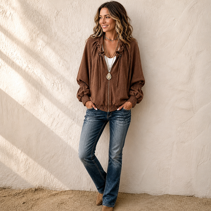 Wearbella – Textured Batwing Drawstring Collar Zip Jacket